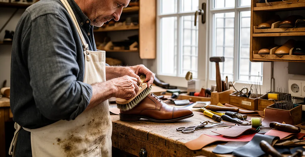 Artisan cordonnier travaillant sur une chaussure dans un atelier traditionnel