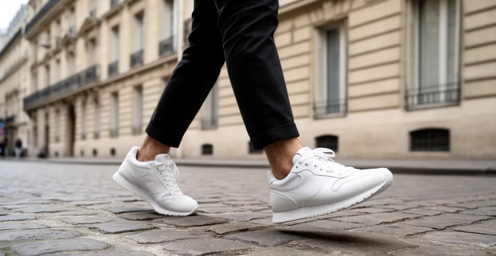 Personne marchant sur un trottoir parisien avec des sneakers blanches