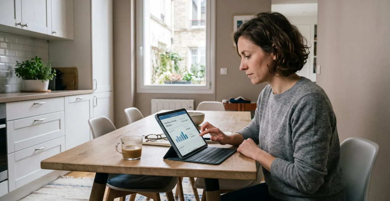 Femme vérifiant le montant disponible de sa réserve de crédit renouvelable sur une tablette