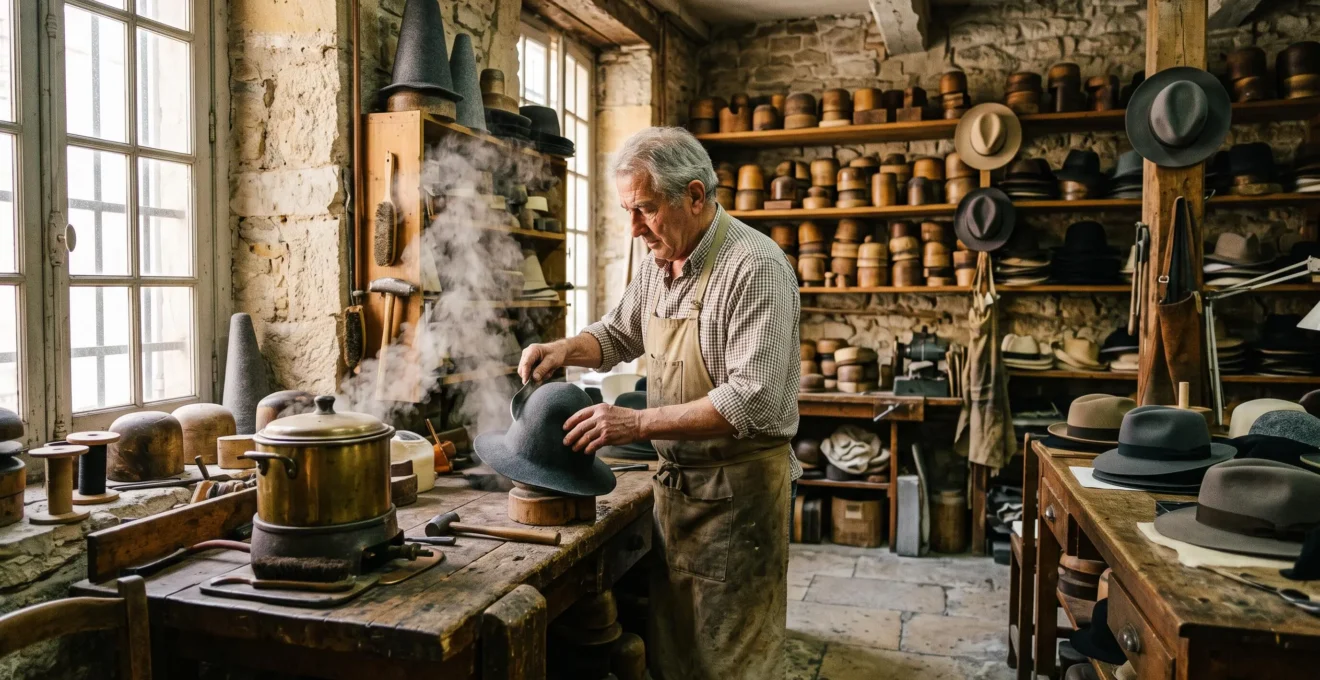 Un chapelier âgé façonne un feutre à la vapeur dans un atelier ancien.