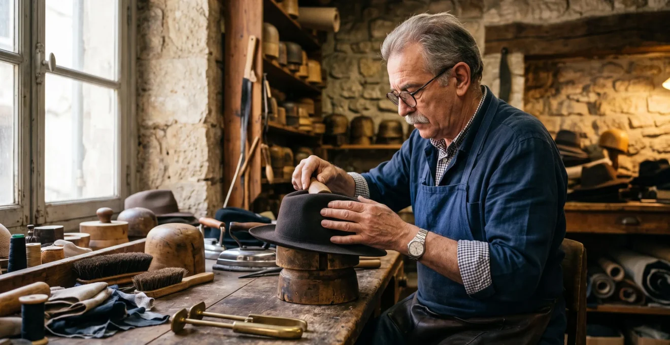 Un chapelier ajuste un chapeau de feutre sur un bloc de bois dans son atelier.