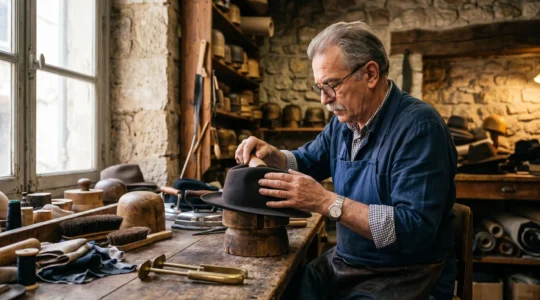 Un chapelier ajuste un chapeau de feutre sur un bloc de bois dans son atelier.