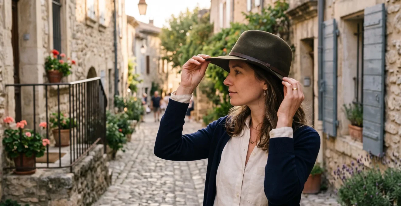 Une femme porte un chapeau fait main à large bord dans une rue provençale.